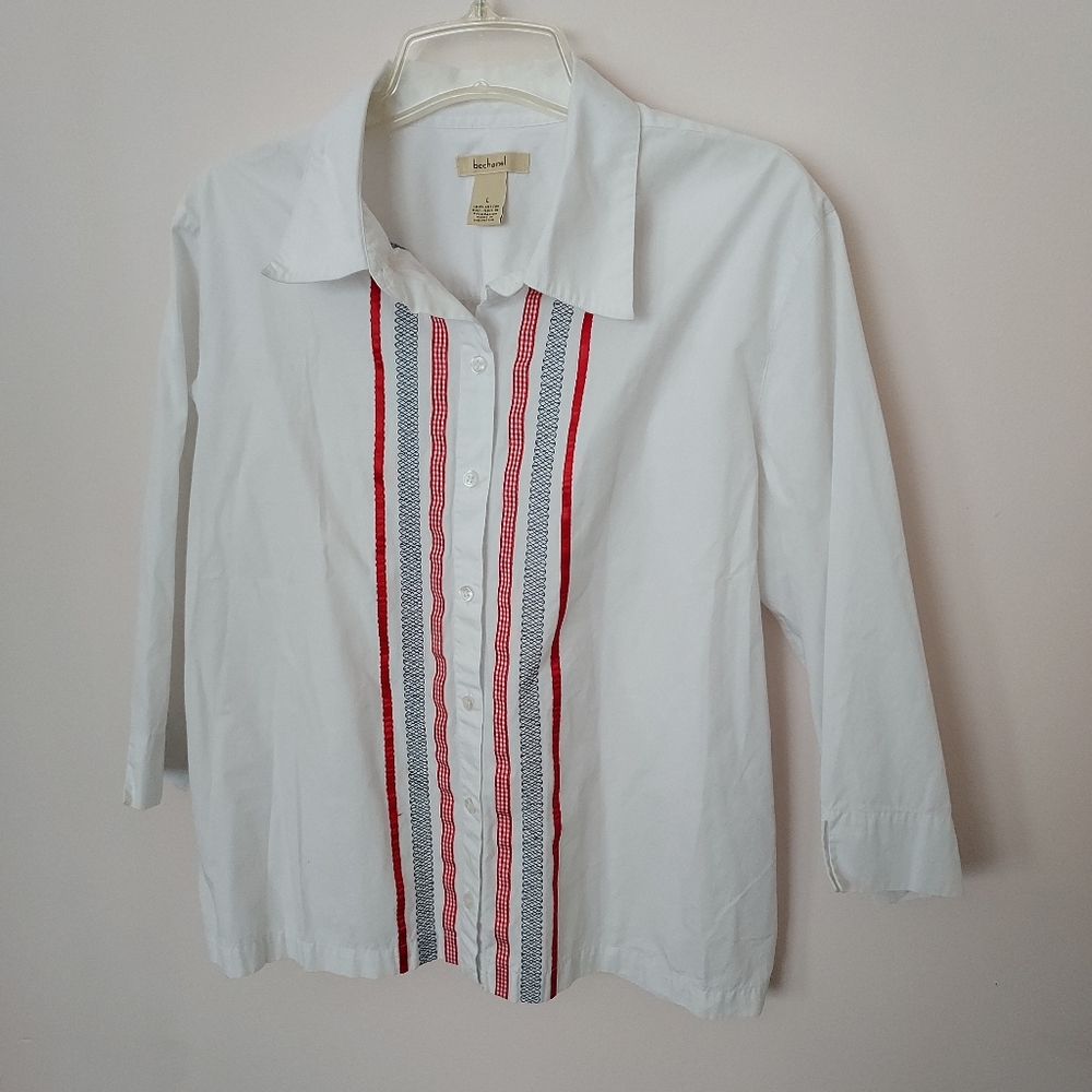 Bechamel Cotton 3/4 slv white blouse embroidered details Large Career Office